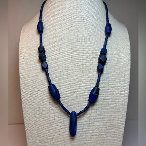 Natural Old Lapis Lazuli Heishi Style Tube Beads Necklace Vintage - Picture 4 of 8